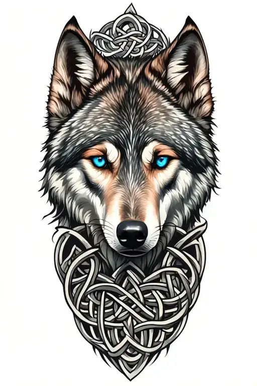 wolf with blue eyes featuring Celtic trinity knot  tattoo design idea