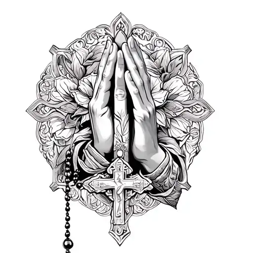 Rosary with hands that pray. All this in a feminine style tattoo design idea