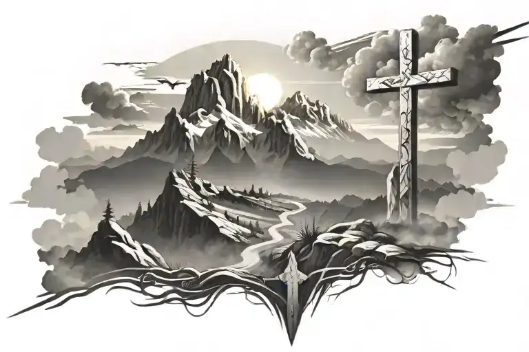 christian cross summit of a mountain landscape ray of sunshine tattoo design idea