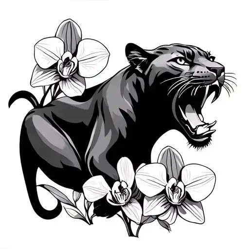 American traditional panther looking to the side with its mouth open and 3 orchids around it  tattoo design idea