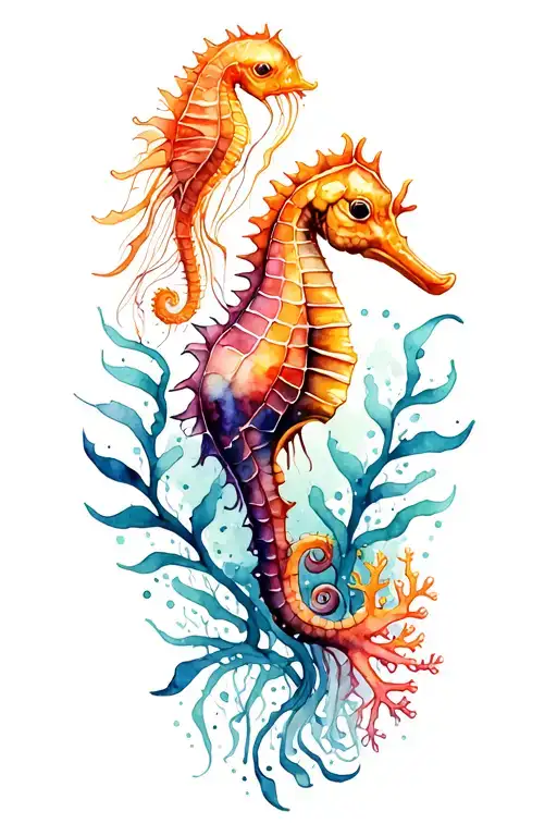 Aquatic and beachy wiith kelp, seahorses, jellyfish, and coral tattoo design idea