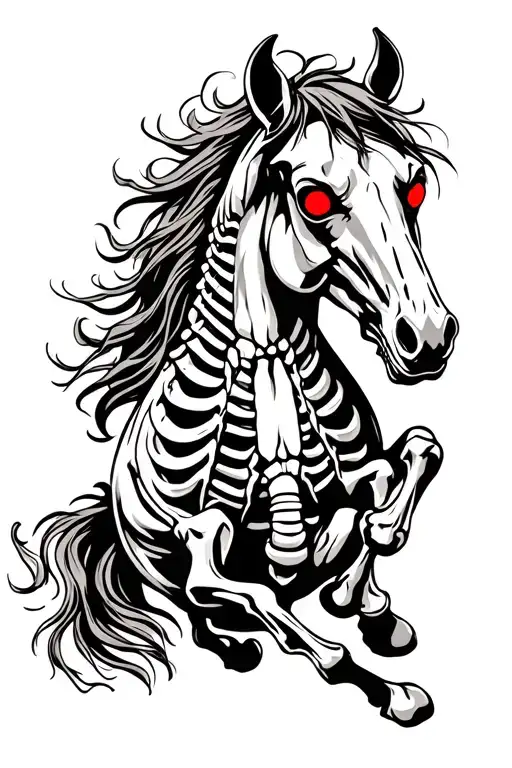 horse skeleton with glowing angry red eyes galloping  tattoo design idea