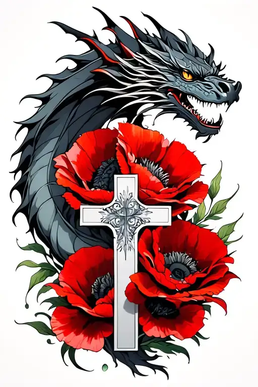 dragon above red poppies and cross  tattoo design idea