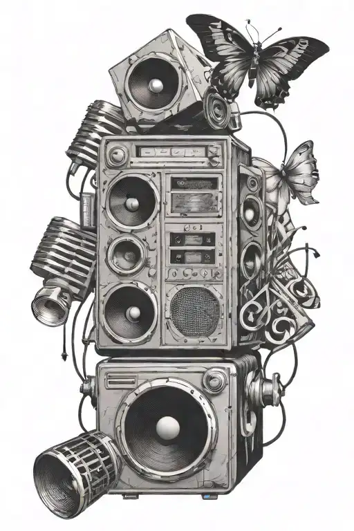 boombox, microphone, music notes intertwined tattoo design idea