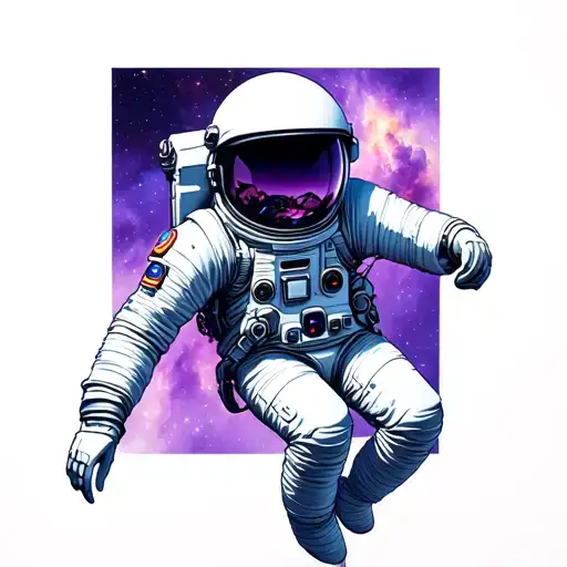 Astronaut floating through space, deep purple, nebula tattoo design idea