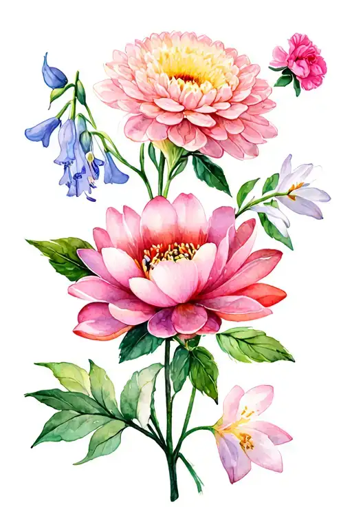 1 each of chrysanthemum,  larkspur, carnation, snowdrop, water lily and peony tattoo design idea