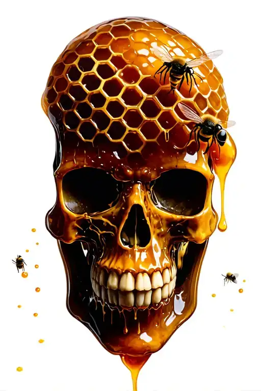 honey comb in skull shape with bees and dripping honey tattoo design idea