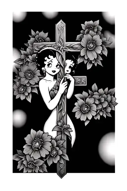 betty boop grabbing a cross with flowers tattoo design idea