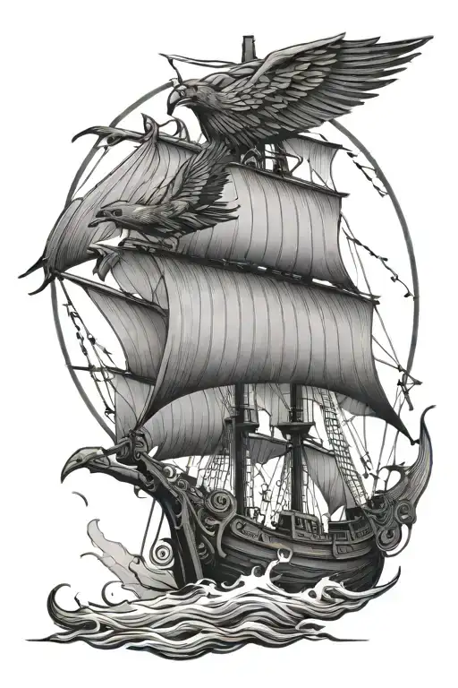 Viking ship sailing and crow perched tattoo design idea