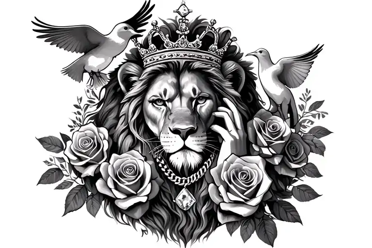  power, lion holding roses, wearing crown, womens face, wearing a diamond chain, with a dove sitting on him, R I. P mom tattoo design idea