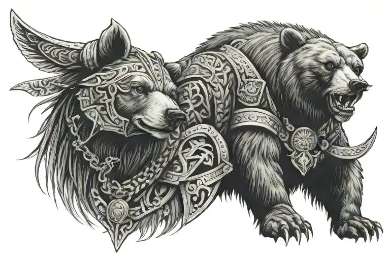 bear and viking female warrior tattoo design idea