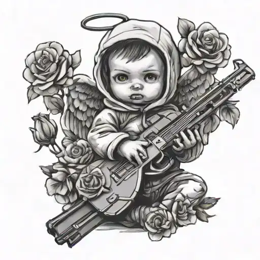 animations baby Baby angel with a ski mask on holding an ak47 with flowers all around it black and white  tattoo design idea