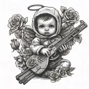 animations baby Baby angel with a ski mask on holding an ak47 with flowers all around it black and white  tattoo design idea