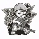 animations baby Baby angel with a ski mask on holding an ak47 with flowers all around it black and white  tattoo design idea