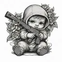 animations baby Baby angel with a ski mask on holding an ak47 with flowers all around it black and white  tattoo design idea