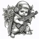 animations baby Baby angel with a ski mask on holding an ak47 with flowers all around it black and white  tattoo design idea