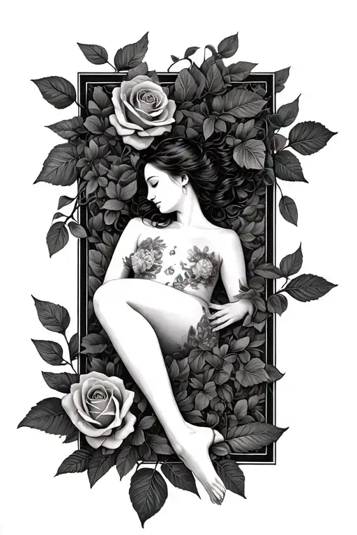 thin square with person lying down frame has leaves and rose classic open space  tattoo design idea