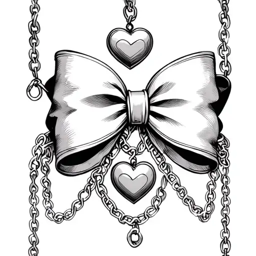 coquette bow with a thin chain going down with two heart lockets (feminine) fine line  tattoo design idea