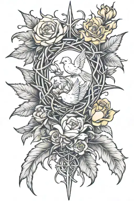 crown of thorns with three doves with one carnation flower one daffodil flower one marigold flower one narcissus flower tattoo design idea