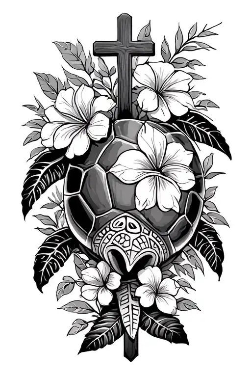 hawaiian turtle with flowers and vines and jesus cross  tattoo design idea