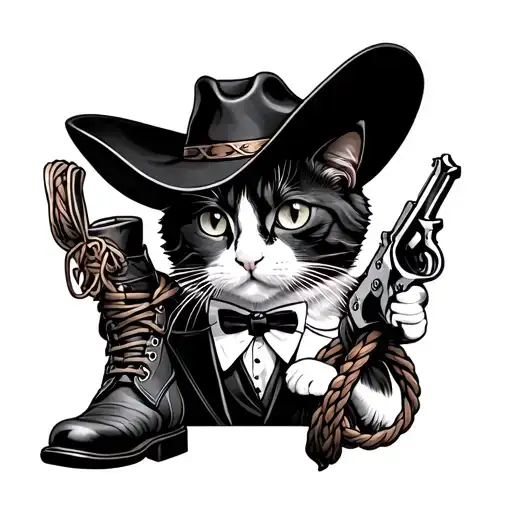 Tuxedo cat wearing a cowboy hat, boots, and has a revolver and a lasso tattoo design idea