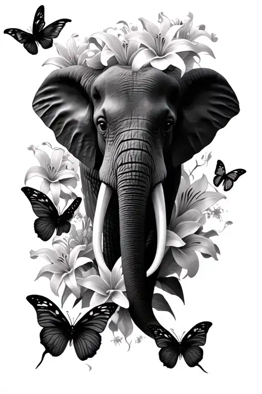 black and white elephant face only with lilies, butterflies, and sakura flowers not a lot of shading  tattoo design idea