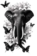 black and white elephant face only with lilies, butterflies, and sakura flowers not a lot of shading  tattoo design idea