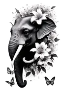 black and white elephant face only with lilies, butterflies, and sakura flowers not a lot of shading  tattoo design idea