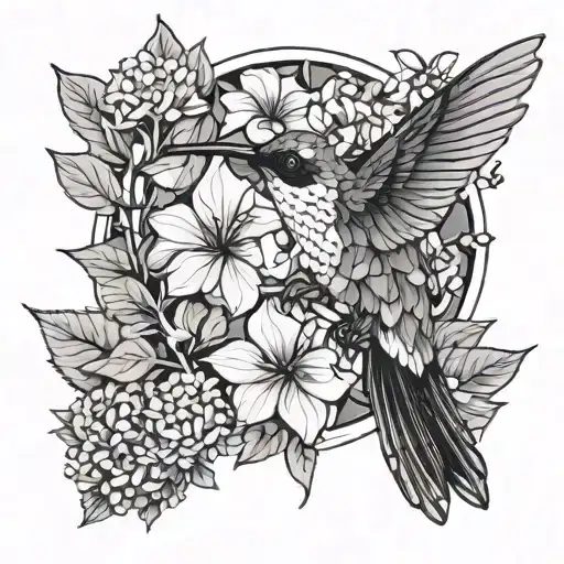 dried hydrangeas and hummingbird black and grey traditional but geometric simpler masculine  tattoo design idea