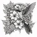 dried hydrangeas and hummingbird black and grey traditional but geometric simpler masculine  tattoo design idea