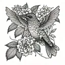 dried hydrangeas and hummingbird black and grey traditional but geometric simpler masculine  tattoo design idea