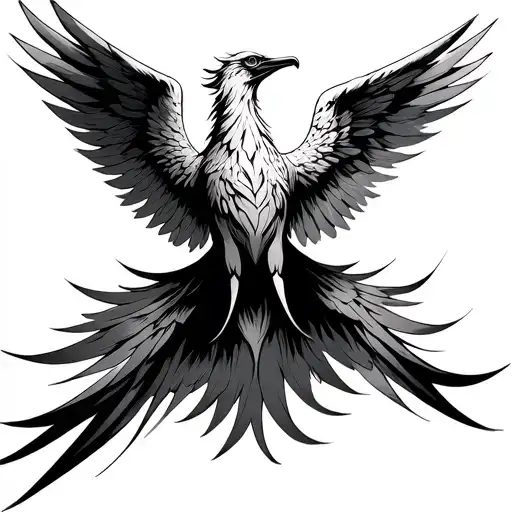  A black and white tattoo design featuring a front-facing firebird or phoenix in flight, wings fully outstretched. The u tattoo design idea