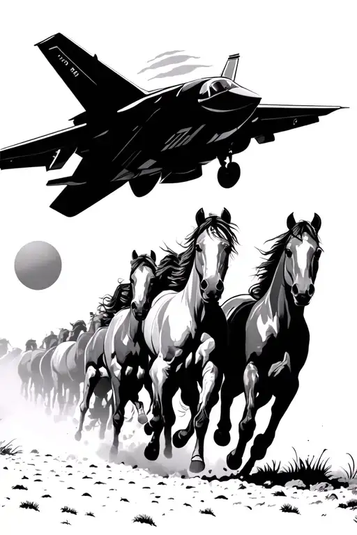 herd of horses running with dust coming up on the side of them and an F-35 flying over them with the sun in the back tattoo design idea