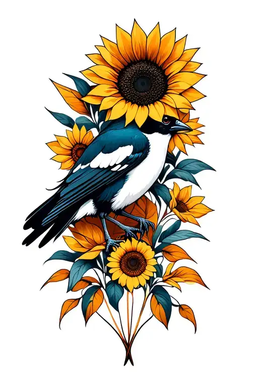 magpie holding copper cables, sunflower, symmetrical patterns tattoo design idea