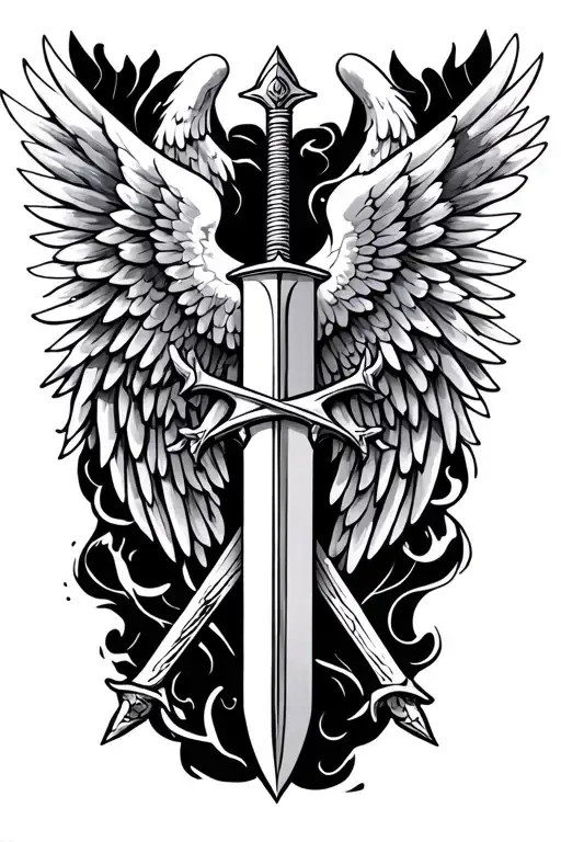 Angelic symbols spelling out chosen one  with swords and wings  tattoo design idea