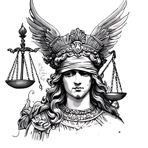 A sketch of a tattoo on a male shoulder, which depicts the goddess of Femis's justice in a classic image with blindfolded eyes, tattoo design idea