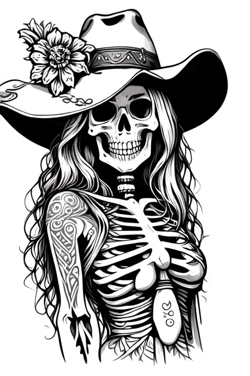 western cowgirl skeleton with tribal designs behind her  tattoo design idea