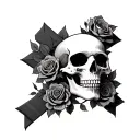 skull with upside down cross with dead roses tattoo design idea