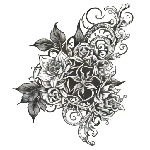 Floral patterns intertwined with magical symbols and flames tattoo design idea