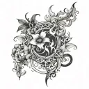 Floral patterns intertwined with magical symbols and flames tattoo design idea