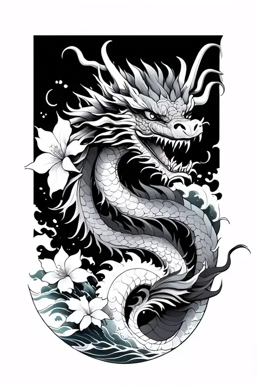 neo japanese dragon with waves and cheery blossom on forearm tattoo design idea