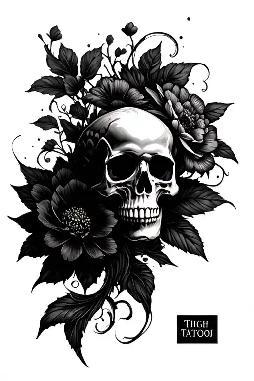 skull, flowers, koi with bio mechanical tattoo design idea