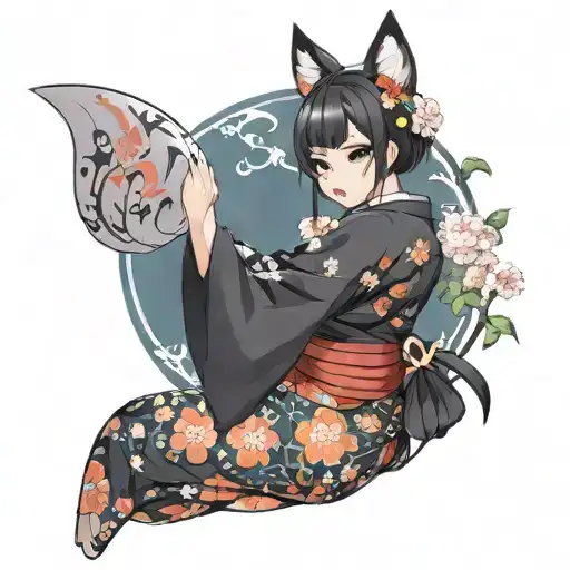 Sexy Girl, Fox Ears, Fox tail, revealing kimono, G-String, big boobs, petite, wide hips tattoo design idea
