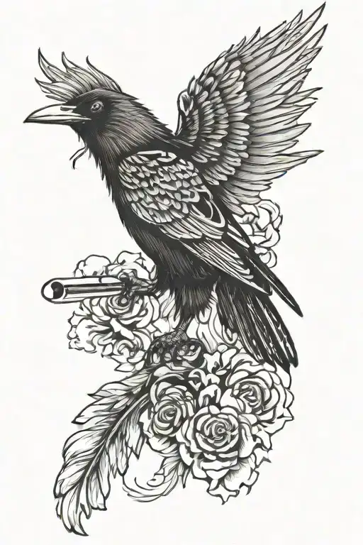 The tattoo features a flying crow with expressive feathers and white eyes, holding a microphone and wearing a black top  tattoo design idea