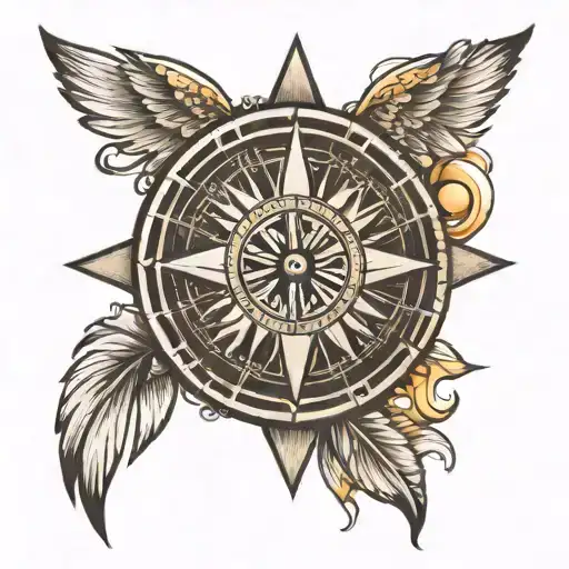 a compass combined with a sun and rays shining outward with mountains underneath  tattoo design idea