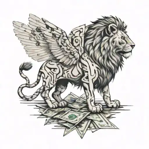 A lion with wings made of dollar bills flying over a world map with gym equipment scattered around tattoo design idea