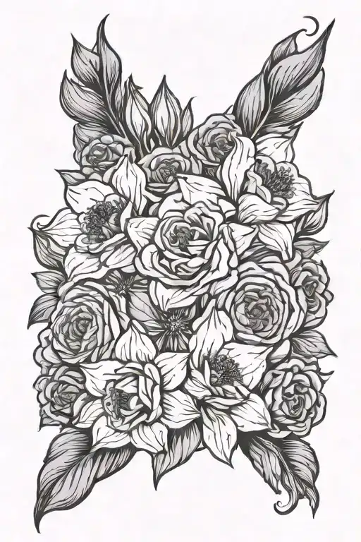 Bouquet of a Violet daffodil rose poppy cosmo and narcissus  tattoo design idea