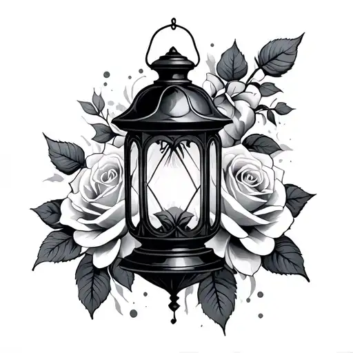 black and grey lantern and roses tattoo design idea