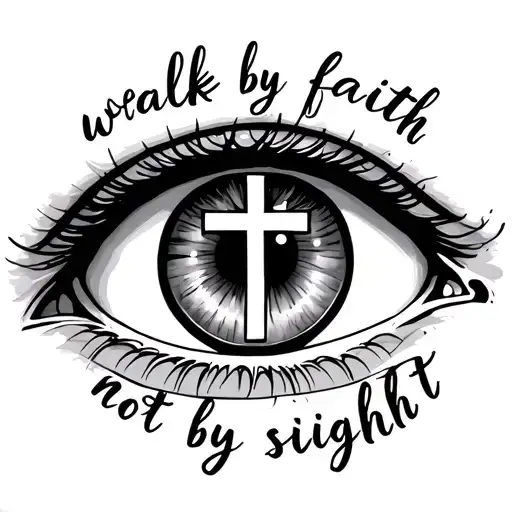 a set of eyes with a cross as both pupils, the writing in cursive "walk by faith" at the top, "not by sight" at bottom tattoo design idea