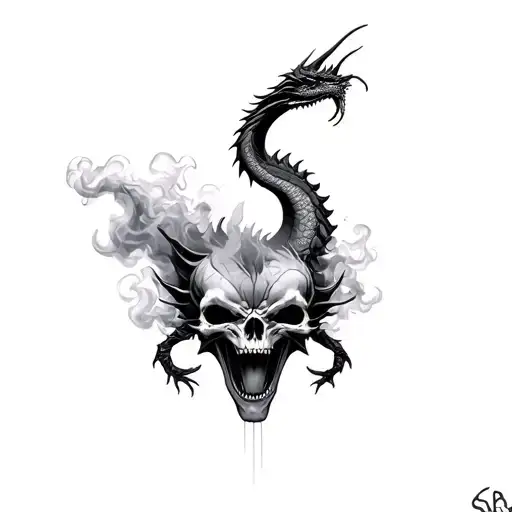 dragons with skulls hidden faces in smoke rising tattoo design idea